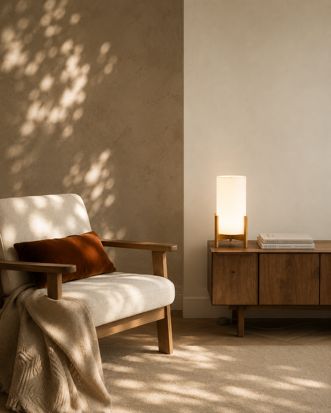 Hazel Arc Lamp glowing warm white light on a console table