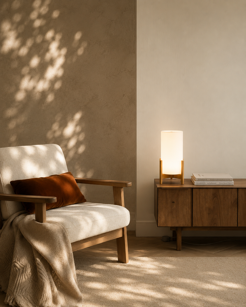 Hazel Arc Lamp glowing warm white light on a console table