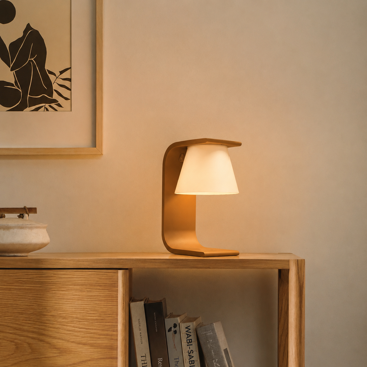 Akira Lamp glowing warm white light on a desk