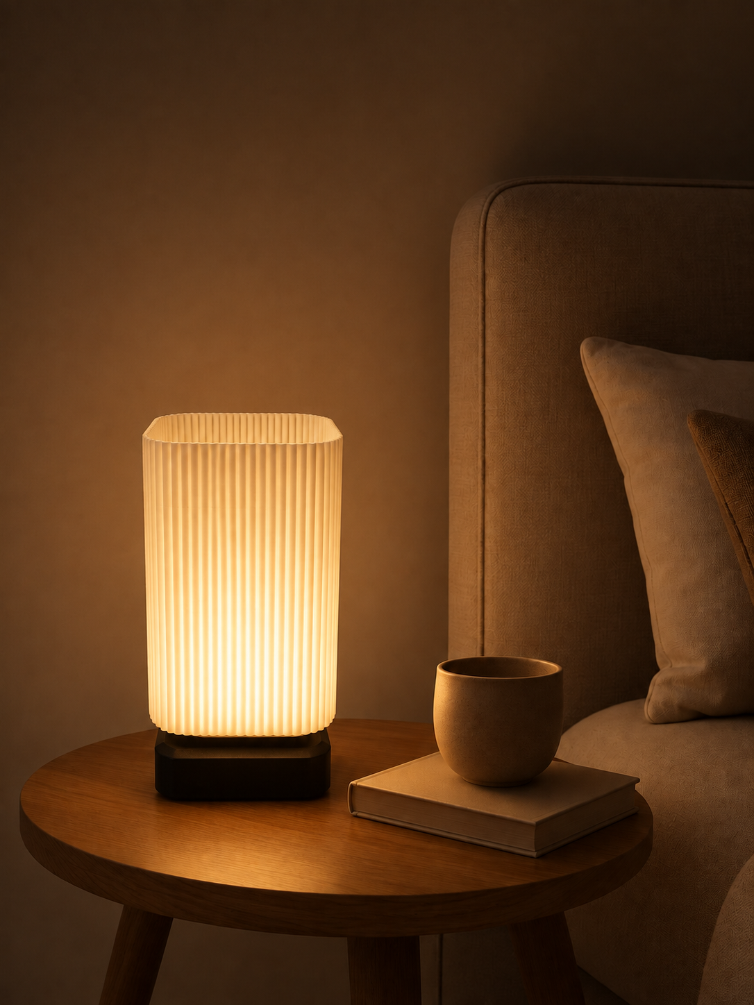 Pleat Glow table lamp glowing warm white light on a shelf